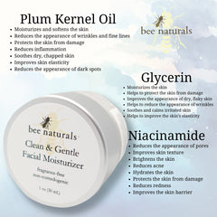 Clean & Gentle Facial Moisturizer – Lightweight, Non - Greasy Hydration for Sensitive Skin with Niacinamide & Plum Kernel Oil, 1 oz - Bee Naturals