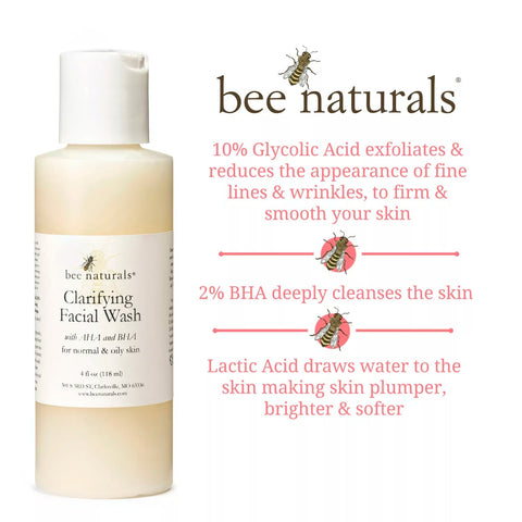 Anti - Aging Clarifying Facial Wash with AHA & BHA – Gentle Exfoliating Cleanser with Glycolic Acid, Salicylic Acid, and Lactic Acid for Smooth, Radiant, and Clear Skin - Bee Naturals