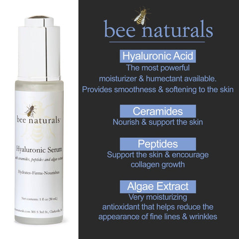 Hyaluronic Serum with Peptides & Ceramides – Multi - Layer Hydration & Anti - Aging Serum for Radiant Skin, Ideal for Post - Peel Recovery, 1 oz - Bee Naturals