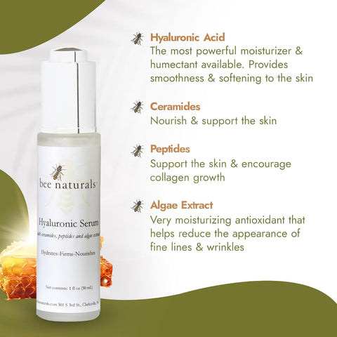 Hyaluronic Serum with Peptides & Ceramides – Multi - Layer Hydration & Anti - Aging Serum for Radiant Skin, Ideal for Post - Peel Recovery, 1 oz - Bee Naturals