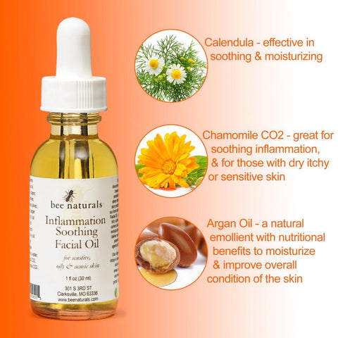 Inflammation - Soothing Facial Oil – Anti - Inflammatory Blend with Calendula, Chamomile CO2, and Argan Oil for Sensitive & Acne - Prone Skin, 1 fl oz - Bee Naturals