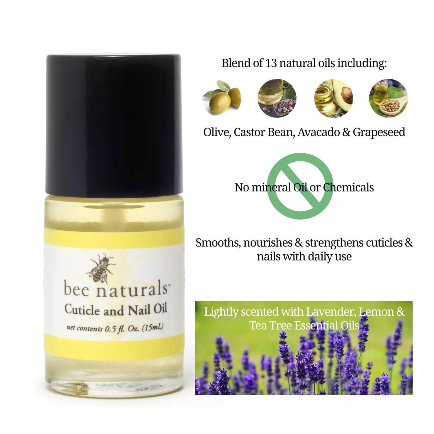 Nail & Cuticle Oil 0.5 oz - Heals Cracked Nails & Rigid Cuticles. Deep moisture for nails and cuticles. Contains rich avocado and castor oils. Massage into nails and cuticles. - Bee Naturals