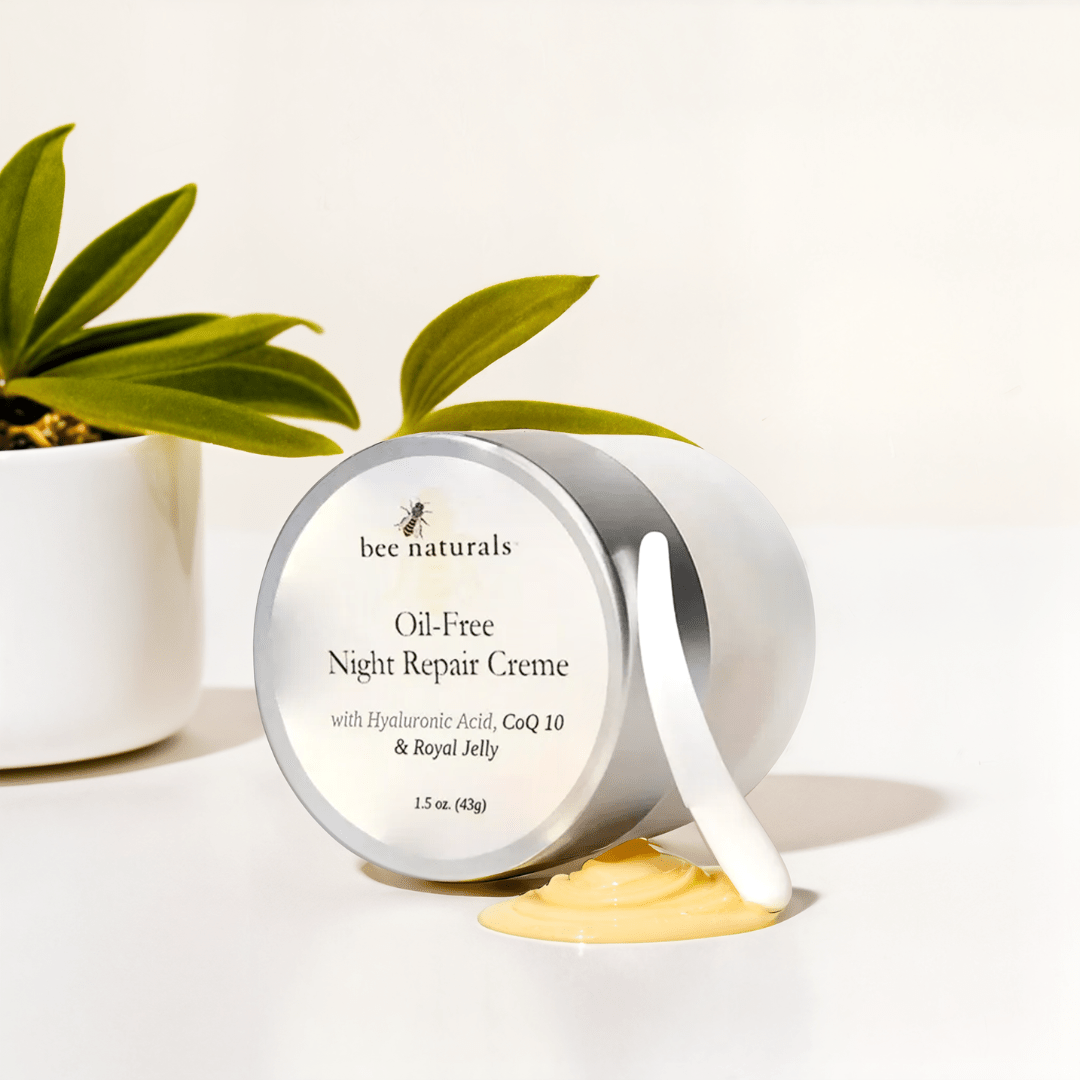 Oil - Free Night Repair Crème – Hydrating & Revitalizing Night Cream with Hyaluronic Acid, CoQ10, and Provitamin B5 for Oily and Mature Skin, 1 oz - Bee Naturals