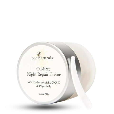 Oil - Free Night Repair Crème – Hydrating & Revitalizing Night Cream with Hyaluronic Acid, CoQ10, and Provitamin B5 for Oily and Mature Skin, 1 oz - Bee Naturals